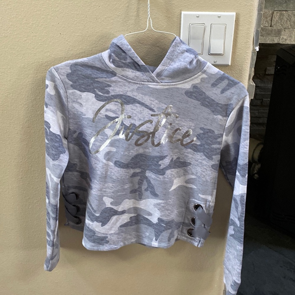 Girls, gently used. Justice brand camouflage hoodie sweatshirt size 12.